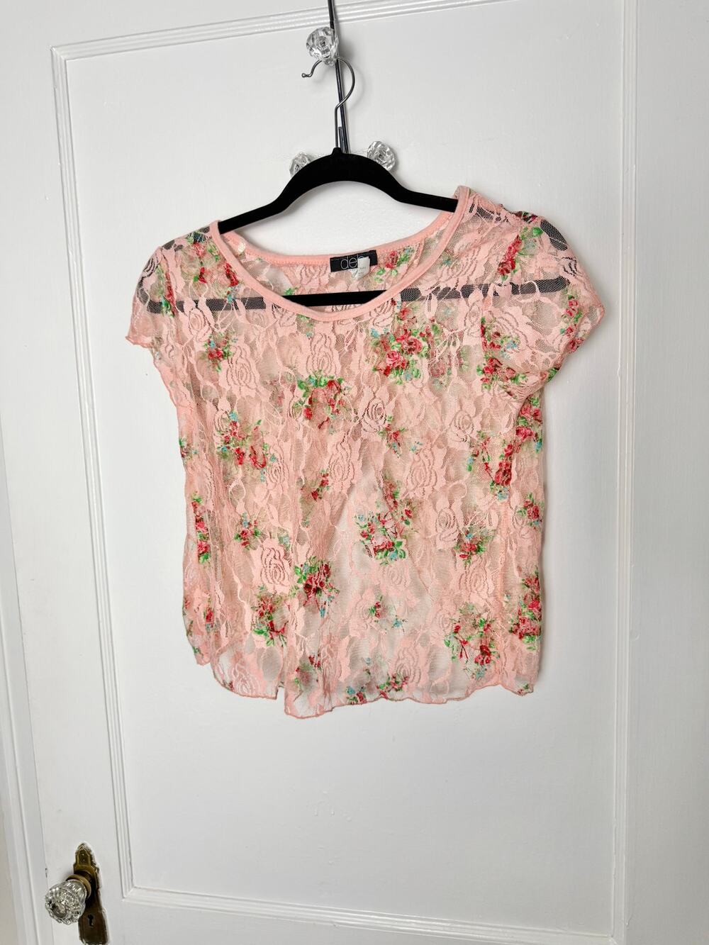 Vintage Y2K DEB Pink Floral Lace Sheer Short Sleeve Romantic Baby Top Small